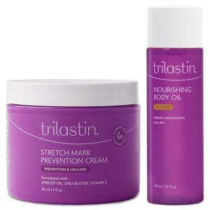 Trilastin Maternity Stretch Mark Prevention Cream (4oz) Bundle with Nourishing Body Oil (3.4oz) | Pregnancy Must-Have | Gift for First-time Moms | Hypoallergenic Postpartum Skincare | 1 Month Supply