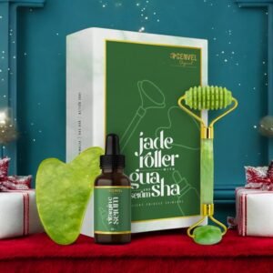 100% Real Natural Jade Stone Roller and Gua Sha Set with Vitamin C Serum | Great for Eye Puffiness Treatment, Skin Tightening, Anti Aging, Rejuvenate Face & Neck | Beauty Gift for Women (Green)