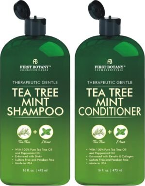 First Botany Tea Tree Mint Shampoo & Conditioner for Men & Women – Pure Tea Tree & Peppermint Oil – Fights Hair Loss, Dandruff, Lice & Itchy Scalp, Promotes Hair Growth – Sulfate Free – 16 Fl Oz x 2