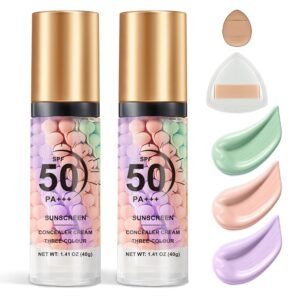 2PCS Color Correcting Primer Face Makeup with Powder Puff,Face Primer with SPF 50,Oil Control Primer Makeup,Hydrates and Moisturizes,Radiance Skin,Protector Solar Para La Cara Con Color