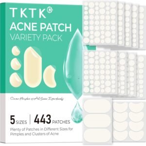 TKTK 443 Count Pimple Patches for Face, Hydrocolloid Acne Patch Bulk, Acne Stickers for Covering Cheeks, Forehead, Chin Blemishes Zit Breakouts for All Skin Types (Dots, Strip, Contoured 5 Sizes)