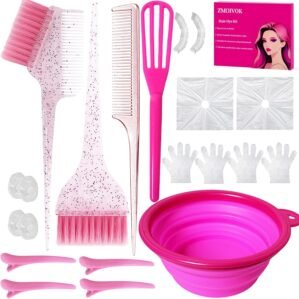 21 pcs Pink Hair Dye Kit Professional Salon Tools with Hair Dye Brush and Bowl Set Hair Bleach Kit ,Dye Clips Gloves Ear Covers,for Hairstylist and Women Hair Bleaching Coloring Highlighting Kit