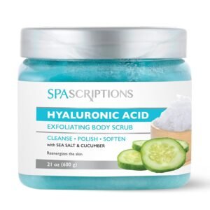 SpaScriptions Hyaluronic Acid Sugar Scrub – Hydrating Body Scrub Exfoliator with Seal Salt & Cucumber, Ideal for Dry & Rough Textured Skin, Helps Support Refershed, Hydrated & Smooth Skin, 21 oz