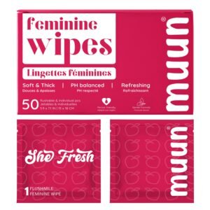 Muun Feminine Wipes Flushable – 50 Counts Individual Vaginal Wipes Ph Balance, Anti Itch Deodorant Hygiene Wrapped Personal Cleansing, Wet Wipes for Intimate, Butt