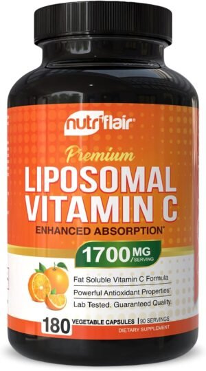 NutriFlair Liposomal Vitamin C 1700mg, 180 Capsules – High Absorption, Fat Soluble VIT C, Higher Bioavailability Immune System Support & Collagen Booster, Non-GMO, Vegan Pills