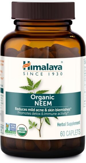 Himalaya Organic Neem, 60 Day Supply – Herbal Acne Supplements Supporting Clear Skin and Detox – USDA Organic, Vegan, Non-GMO, Gluten Free, 600 mg, 60 Caplets