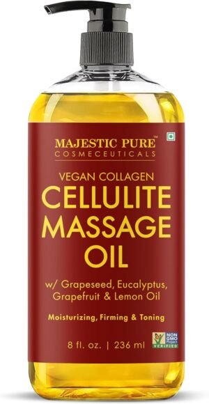 Majestic Pure Firming Body Massage Oil- Helps Smooth the Appearance of Cellulite & Improve Skin Texture- Natural Oils with Collagen- Refreshing Aromatherapy Body Oil for Legs & Full Body – 8 fl oz