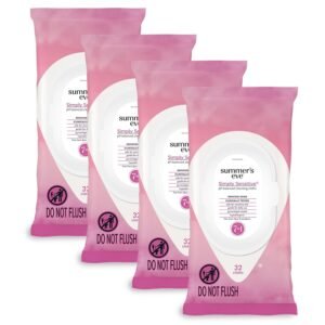 Summer’s Eve Simply Sensitive Feminine Wipes, Gentle pH-Balanced Micellar Water Based Formula Helps Control Vaginal Odor, Resealable Pack, 32 Wipes, Pack of 4