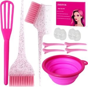 12 pcs Hair Dye Kit Professional Salon Tools with Hair Dye Brush and Bowl Set Hair Bleach Kit,Dye Clips Gloves Ear Covers,for Hairstylist and Women Hair Bleaching Coloring Highlighting Kit (12, pink)