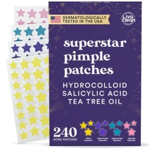Livaclean 240CT Star Pimple Patches for Face w/ Hydrocolloid, Tea Tree oil & Salicylic Acid – Zit Stickers, Hydrocolloid Acne Patches for Face – Cute Pimple Patch, Acne Stickers