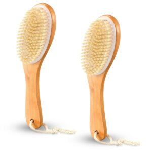 Gerrii 2 Pcs Dry Brushing Body Brush Natural Boar Bristle with Contoured Wooden Handle for Back Legs Feet Exfoliates Dead Skin