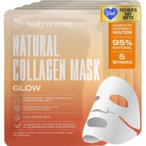 Body Restore Natural Collagen Face Mask – Fathers Day Gift for Dad, Hydrating Skin Care, Birthday Gifts for Women and Men, Self Care Spa Gifts – Glow 5 Pack