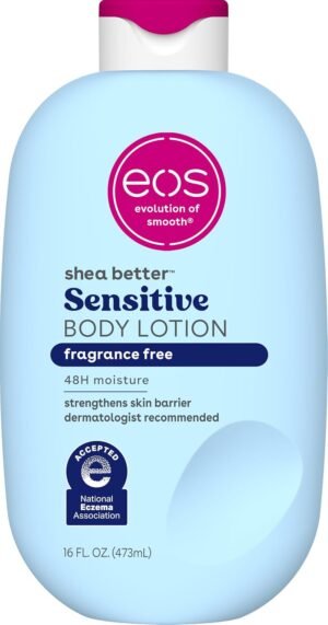 eos Shea Better Sensitive Skin Body Lotion – Fragrance-Free, 48-Hour Moisture Eczema Cream & Dry Skin Relief, Vegan, 16 fl oz (Packaging may vary)