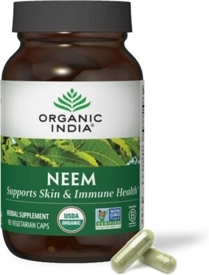 ORGANIC INDIA Neem Leaf Capsules – Herbal Supplement, Supports Skin & Immune Health, Vegan, Gluten Free, USDA Certified Organic – 90 Count