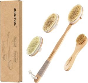 DEBETOOL Dry Brushing Set – Natural Boar Bristle Body & Face Brush, Wooden Long Handle Scrub Brush for Cellulite & Lymphatic Drainage Body Care, Detachable, 3 Brush Heads