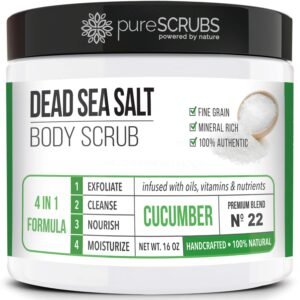 pureSCRUBS Premium Cucumber Body Scrub Set – Large 16oz Dead Sea Salt Body Scrub for Women Exfoliation KP Bump Eraser Body Scrub Includes Wooden Spoon, Loofah & Soap
