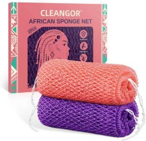 Cleangor 2Pcs African Net Sponge Authentic with Knots – Exfoliating Body Scrubber for All Skin Types, African Bath Sponge, Wash Cloth, Gentle Exfoliation Shower Rag for Women Daily Use(Pink & Purple)
