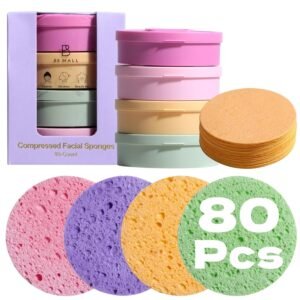 Compressed Facial Sponges BS-MALL 80 Count,Reusable Face Cleansing Pads,Gentle Exfoliating Sponges for Makeup Removal, Deep Cleansing, Dead Skin Removal,Travel-Friendly Spa Skincare Sponges