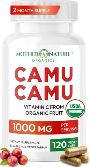Organic Vitamin C from Camu Camu Capsules 1,000mg, Packed with Natural VIT C, Raw Antioxidants – Immune Support Supplement & Anti-Aging for Skin – Powder Organic, Vegan, Non-GMO (120 Count)