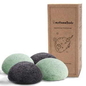 myHomeBody Natural Konjac Facial Sponges – for Gentle Face Cleansing and Exfoliation – with Activated Charcoal and Aloe Vera, Set of 4