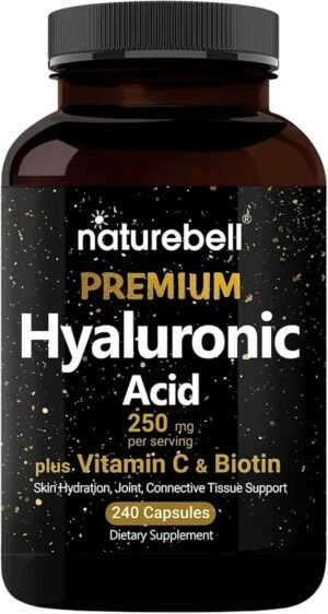 NatureBell Hyaluronic Acid 250mg – 240 Capsules – 250mg Hyaluronic Acid for Skin* – 5000mcg Biotin for Hair Growth* – 25 mg Vitamin C – Supports Bone, Eye & Joint Health