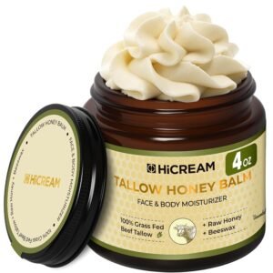 Hicream Beef Tallow for Skin, Beef Tallow and Honey Balm, 100% Organic Grass-Fed Beef Tallow, Face & Body Moisturizer for Dry, Cracked, Sensitive Skin – Handmade – Natural Formula (4 Oz, Unscented)