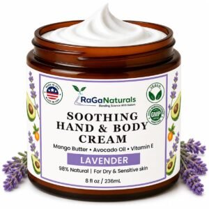 RaGaNaturals Calming Lavender Hand and Body Cream for Dry, Sensitive and Eczema-Prone Skin – Vitamin E Moisturizer with Mango Butter & Avocado Oil – 98% Natural, Vegan, Made in USA – 8 oz