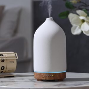 Gooamp 200ML Ceramic Essential Oil Diffuser – Ultrasonic Aromatherapy & Humidifier with 7-Color LED Lights, Auto Shut-Off, Wood Grain Base, 1H/3H/6H Timer | Scent for Home, Office, Yoga