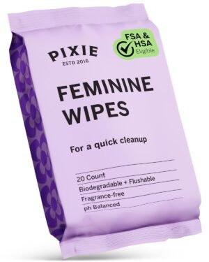 Pixie Feminine Wipes – On The Go Public Bathroom Wipes for Feminine Care – Safe On Period Cups & Menstrual Discs – Biodegradable, Flushable, pH Balanced & Unscented Menstrual Cup Wipes (20 Count)