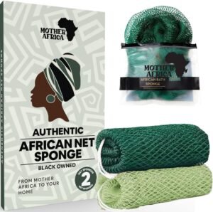 MOTHER AFRICA African Net Sponge Authentic with Knots 2 Pack Black Owned Exfoliating Body Scrubber Bath Sponge for Shower Washcloth Loofah Gentle Deep Cleansing Back Scrubber Face & Body Men & Women