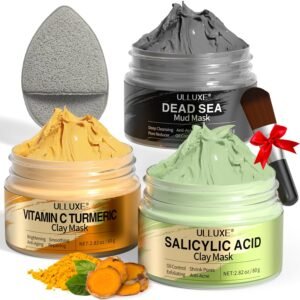 Facial Clay Mask Set – Vitamin C Turmeric Face Mask, Dead Sea Mud & Salicylic Acid (BHA) Mask for Pore Cleansing, Brightening, Blackheads & Dark Spots, Face Masks Skincare Gift for Women, 2.82 oz each