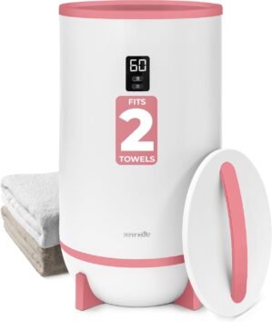 SereneLife Towel and Blanket Warmer – Single Touch Portable Towel Heater for Bathroom, Fragrant Disc Holder, LED Ring, 2 Large Towel Capacity, Built-in Timer (15-60 mins), Auto Shut-Off (Pink)