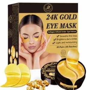 24k Gold Under Eye Patches, 60 Pcs Hydrogel Eye Mask Skincare with Collagen and Hyaluronic Acid for Puffiness, Dark Circles and Fine Lines, Cooling Under Eye Mask for Women and Men