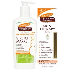 Palmer’s Stretch Mark Care Body Lotion + Body Oil Bundle, Cocoa Butter Formula with Vitamin E Skin Care for Pregnant Women, Includes 1 Massage Oil (5.1 fl oz) and 1 Massage Lotion (8.5 fl oz)
