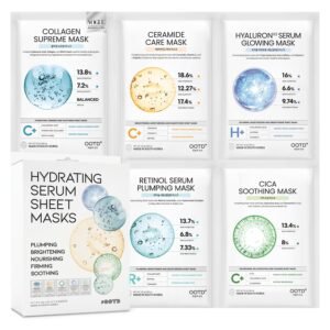Hydrating Sheet Mask Starter Kit Variety Pack for Skin Care, Dry, Ance, Sensitive Skin, Korean Vegan Facial Sheet Mask for Men & Women, Collagen, Cica, Ceramide, Hyaluron, Retinol 5EA
