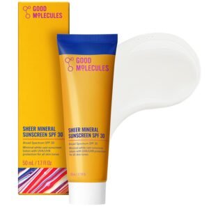 Good Molecules Sheer Mineral Sunscreen SPF 30 – Minimal White Cast Zinc Oxide Sunscreen For Face – Hydrating Hyaluronic Acid, UVA/UVB Protection, Reef-Safe