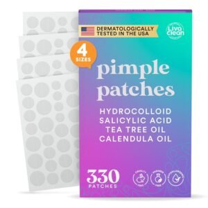 LivaClean 330 CT Pimple Patches for Face w/Salicylic Acid, Tea Tree Oil & Calendula Oil – Four Sizes – Pimple Patch, Hydrocolloid Patch, Acne Patches for Face