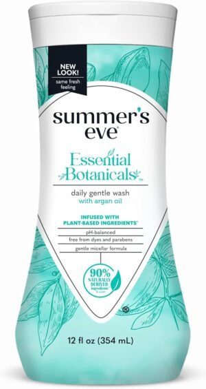 Summer’s Eve Essential Botanicals All-Over Daily Feminine Wash with Argan Oil, Gentle pH-Balanced Body Wash for Women, Removes Vaginal Odor and Refreshes, 12 Fl Oz