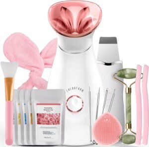 Colorfarm Facial Steamer Nano Ionic: Face Steamer Home Spa Kit Deep Cleaning Unclogs Pores Sinuses Inhaler with 8 Skin Care Tools – Self Care Gifts for Women (Deep Cleansing Facial Kit)