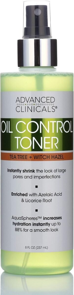 Advanced Clinicals Oil Control Purifying Facial Mist Toner. Hydrating, Non-Greasy Tea Tree Oil, Witch Hazel Toner W/Aloe Vera Face Mist Cleans Pores & Clears Acne All Skin Types, 8 Fl Oz (Pack of 1)