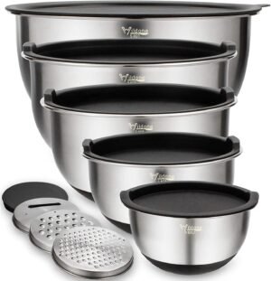 Wildone Mixing Bowls with Airtight Lids Set, 5PCS Stainless Steel Nesting Bowls for Kitchen, with Grater Attachments & Non-Slip Bottoms, Size 5, 3, 2, 1.5, 0.63 QT, Great for Mixing & Serving