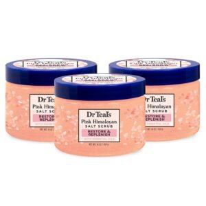 Dr Teal’s Pink Himalayan Salt Body Scrub, Restore & Replenish with Pure Epsom Salt & Essential Oils, 16 oz (Pack of 3)