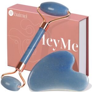 BAIMEI IcyMe Jade Face Roller & Gua Sha, Facial Beauty Roller Skin Care Tools, Self Care Gift for Men Women, Massager for Face, Eyes, Neck, Relieve Fine Lines and Wrinkles – Blue