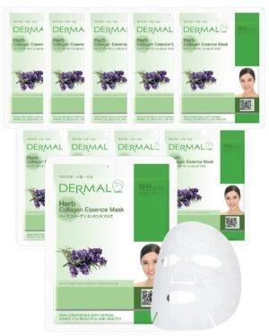 DERMAL Herb Collagen Essence Facial Mask Sheet 23g Pack of 10 – Skin Clear and Purifying, Pore Tightening, Calming for Oily Skin, Daily Skin Treatment Solution Sheet Mask