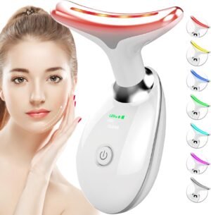 SDKWDH Red Light Therapy for Face and Neck, 7 Color Face Massager Tool for Wrinkles, Double Chin, Vibrating Facial Massager with Thermals for Skin Care, Gifts for Women Men, Glossy White