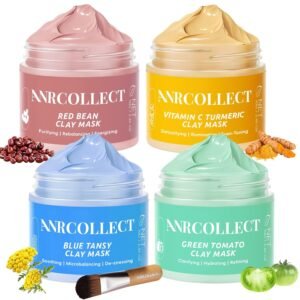 ANRCOLLECT 4-Pack Clay Face Mask Set – Red Bean Hydrating, Green Tomato Oil Control, Vitamin C Brightening, Blue Tansy Soothing with Wooden Brush – Complete Skincare Kit Spa Gift Set