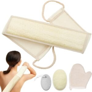 Natural Loofah Exfoliating Body Scrub & Back Scrubber – 4-Pack Bath Set with Exfoliating Glove and Pumice Stone, Deep Cleansing for Rejuvenating Skin – Unisex Spa & Shower Essentials
