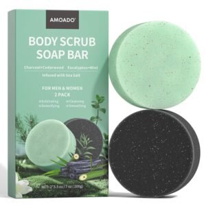 Exfoliating Body Scrub Soap Bar, 2 Pack Eucalyptus & Charcoal Soaps, Dead Sea-Salt Exfoliating Soap for Men & Women, Detox Cleansing, Smooth & Soften Skin