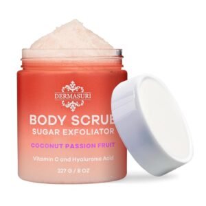 Dermasuri – Exfoliating Sugar Scrub – Body Scrubber for Men & Women – Exfoliates & Removes Dead, Dry Skin for a Soft & Radiant Glow – Deep Hydration & Moisture – Coconut Passion Fruit