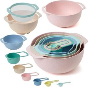 Plastic Mixing Bowls Set 8/10 PCS with Measuring Spoon, Colorful Serving Bowls for Kitchen, Ideal for Baking, Prepping, Nesting Bowls for Space Saving Storage (Wheat)